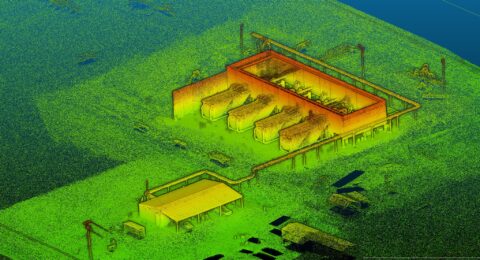 Aerial LiDAR scan of a water treatment facility for land surveying.