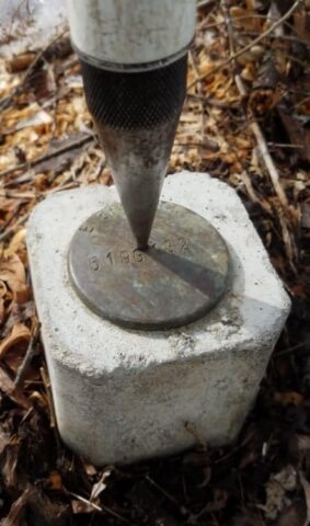 Land survey marker with metal rod on concrete base in outdoor setting.