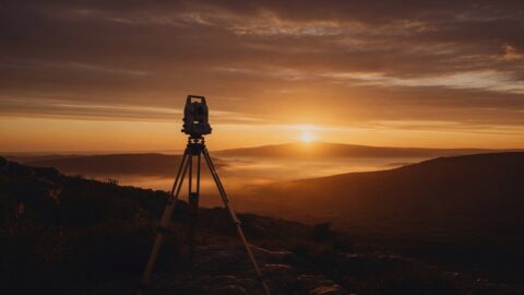 Theodolite on tripod during sunset over rolling hills.