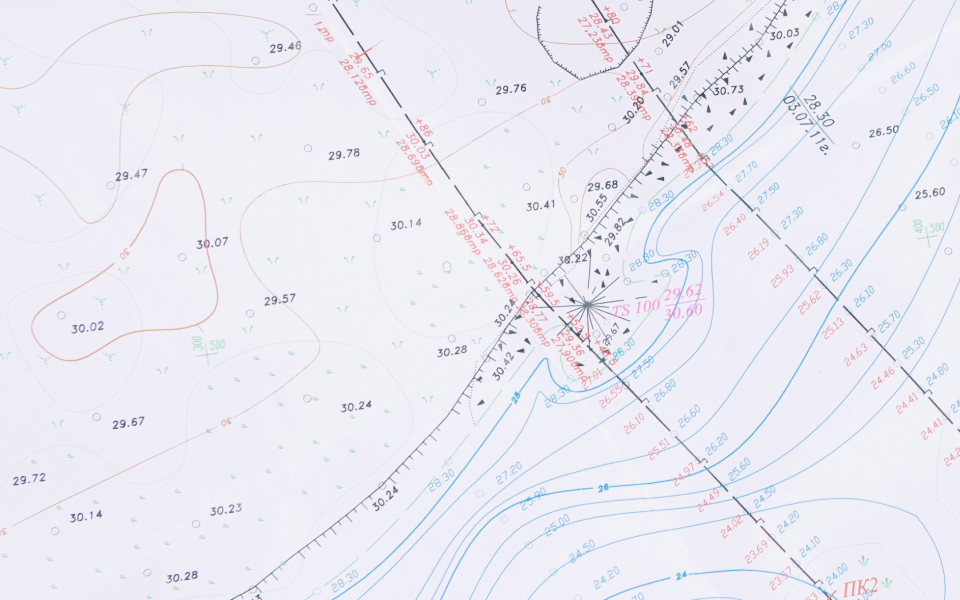 Detailed land survey map with contour lines and measurements.
