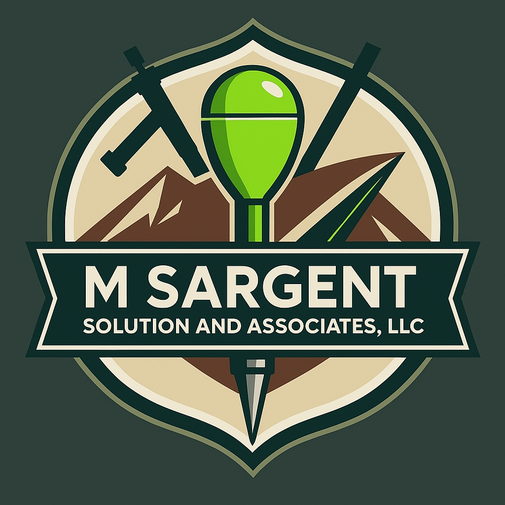 Land surveying logo with compass, mountain, and survey tools for M Sargent.