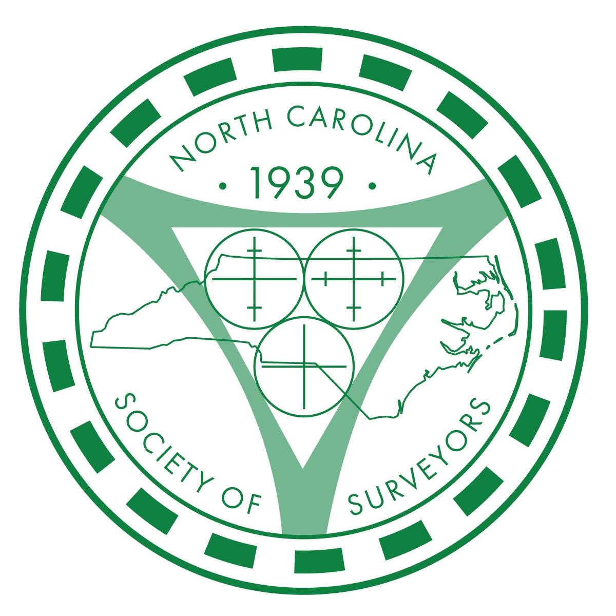 Logo of North Carolina Society of Surveyors with survey instruments and state outline.