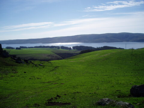 Beautiful landscape with green hills, water body, and blue sky.