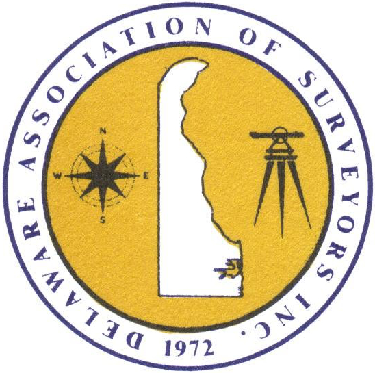 Logo of Delaware Association of Surveyors with state outline and survey instrument.