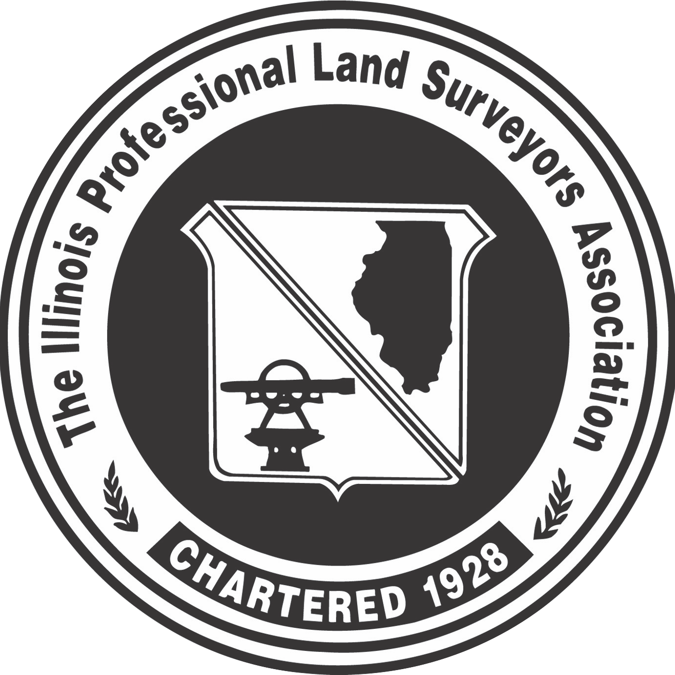 Logo of Illinois Professional Land Surveyors Association with state outline and surveying tools.