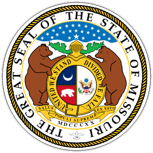 Missouri state seal featuring bears, shield, and motto for surveyors.