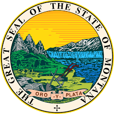 Official Montana state seal featuring mountains, river, and survey tools.