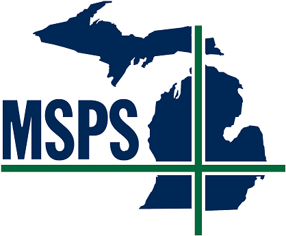 MSPS logo with Michigan map and surveyor cross symbol.