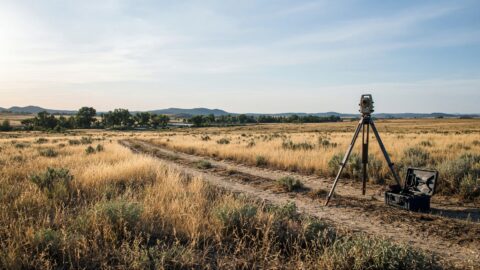 Land surveyor's tripod and equipment in a rural landscape.