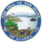 Official Alaska land surveyors emblem with mountains and water scene.