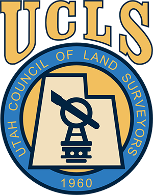 Logo of Utah Council of Land Surveyors with survey equipment and state outline.