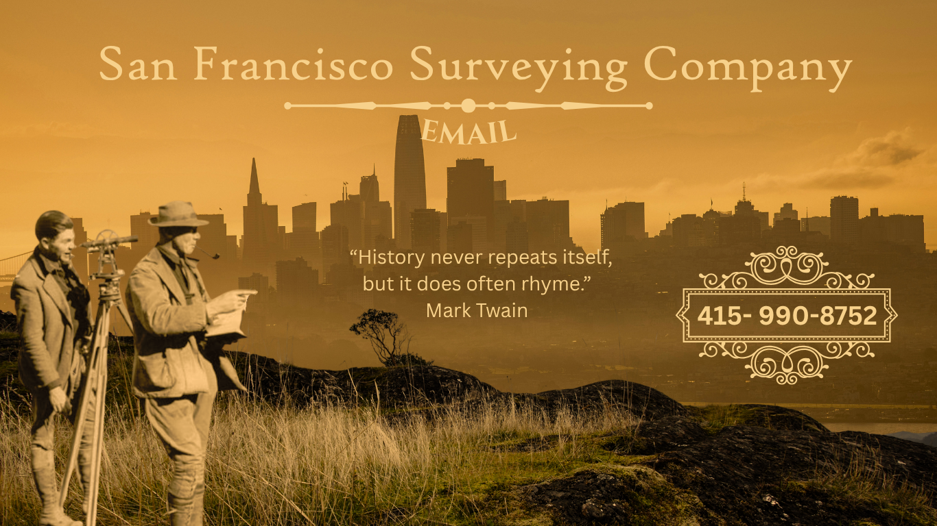 Surveyors with equipment overlooking San Francisco skyline at sunset.