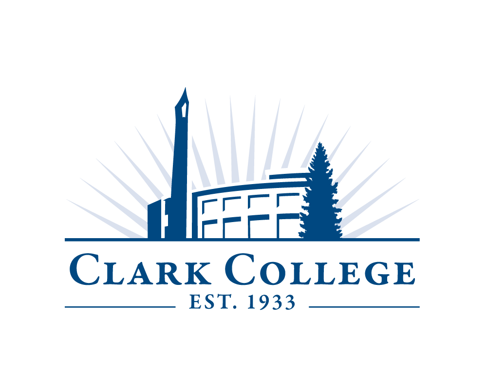 Clark College logo featuring landmark skyline and sunburst design.