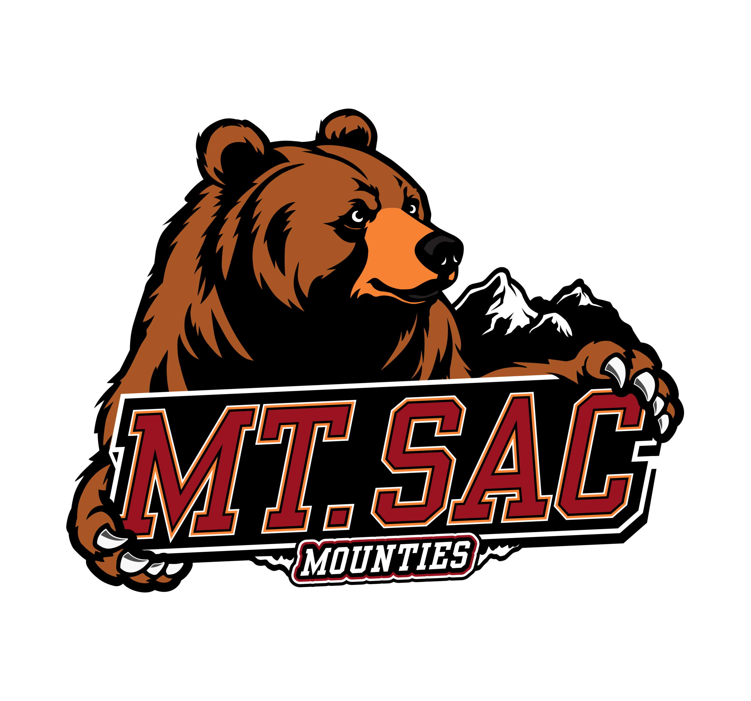 Bear mascot logo with mountains in the background for Mt. San Antonio College.