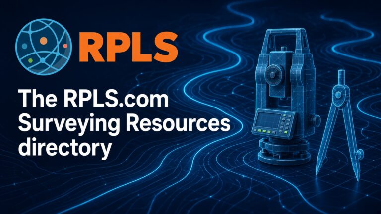 Surveying equipment and digital map with RPLS logo for geomatics professionals.