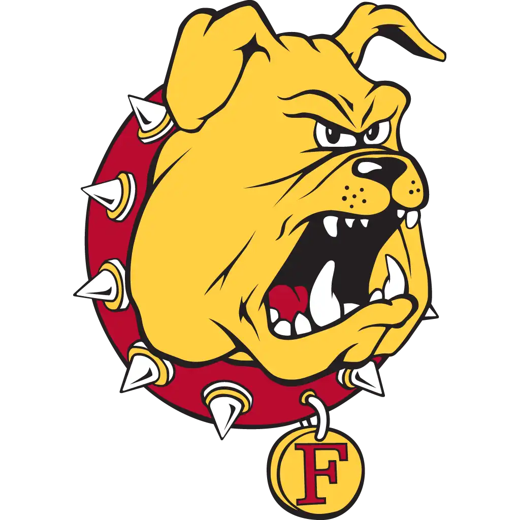 Ferris State Bulldog mascot with fierce expression and spiked collar.