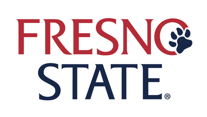 Fresno State logo with paw print and university name.