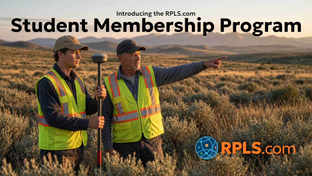Two land surveyors in safety vests discussing in field for RPLS.com.