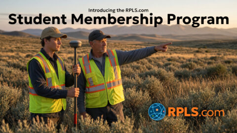 Two land surveyors in safety vests discussing in field for RPLS.com.