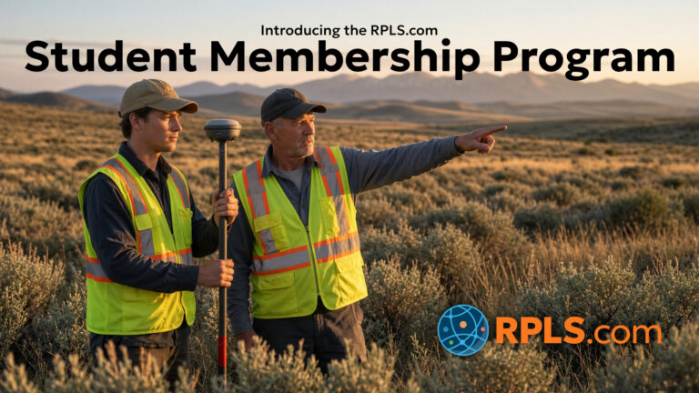 Two land surveyors in safety vests discussing in field for RPLS.com.