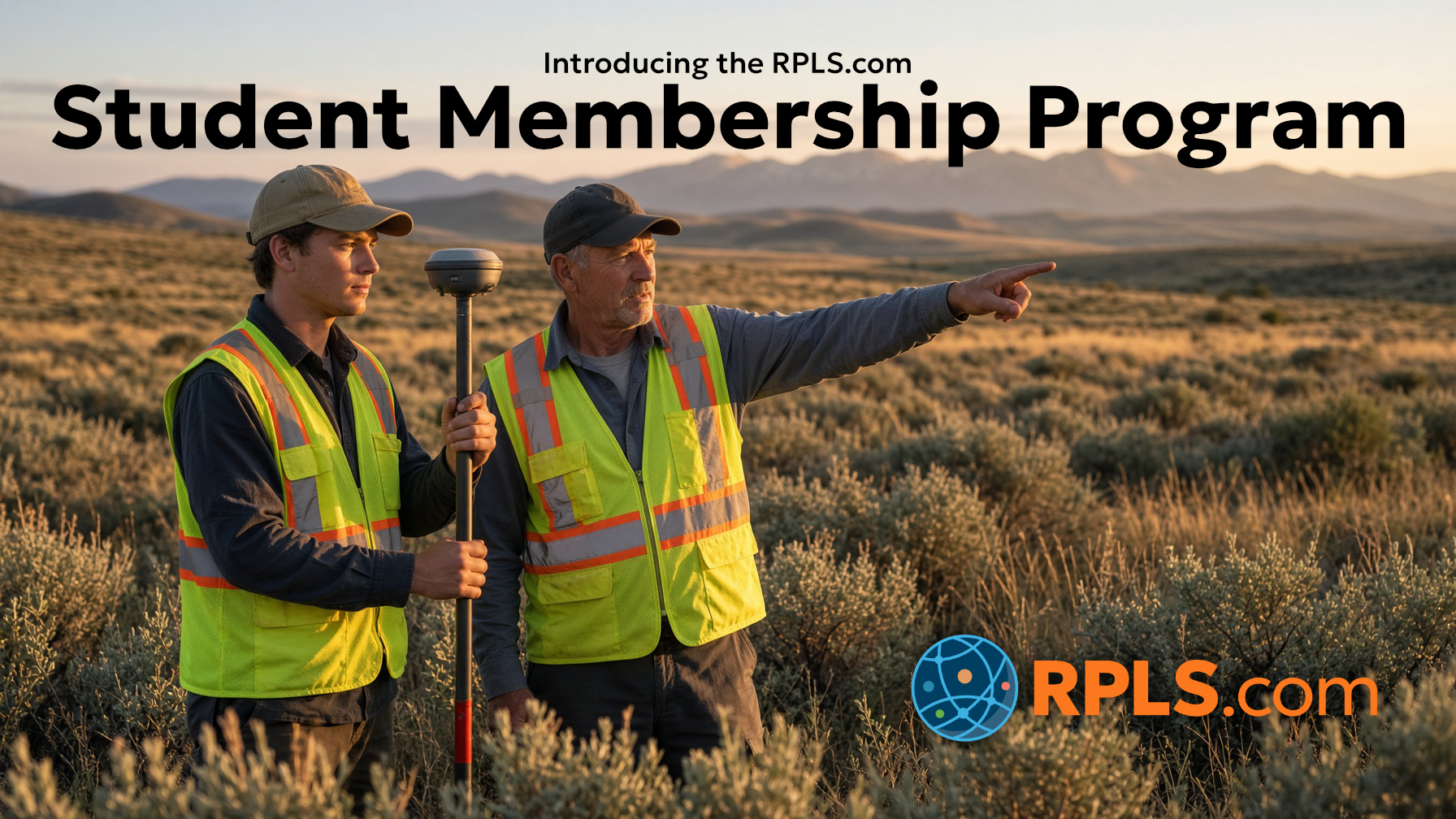 Two land surveyors in safety vests discussing in field for RPLS.com.