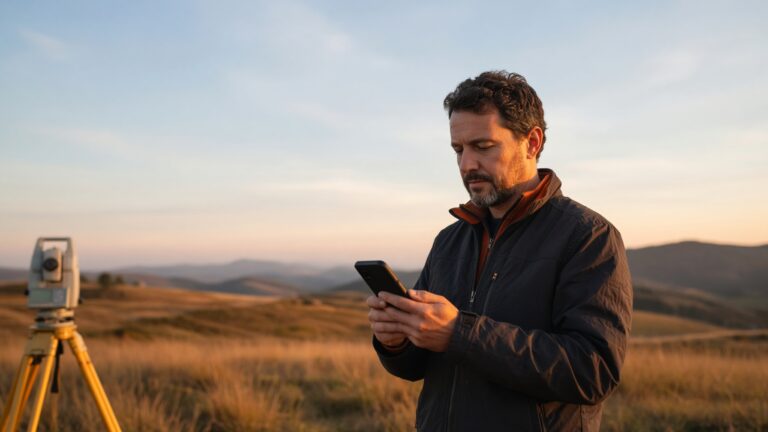 Land surveyor checking data on smartphone in open field at sunset.
