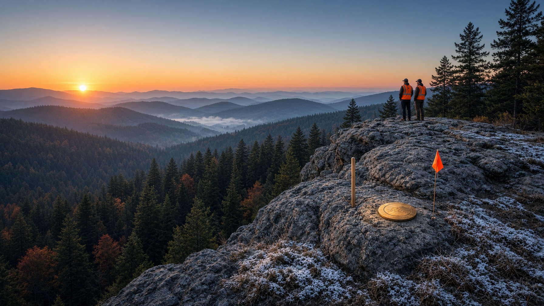 Surveyors observing sunrise at Mount Rushmore with survey equipment.