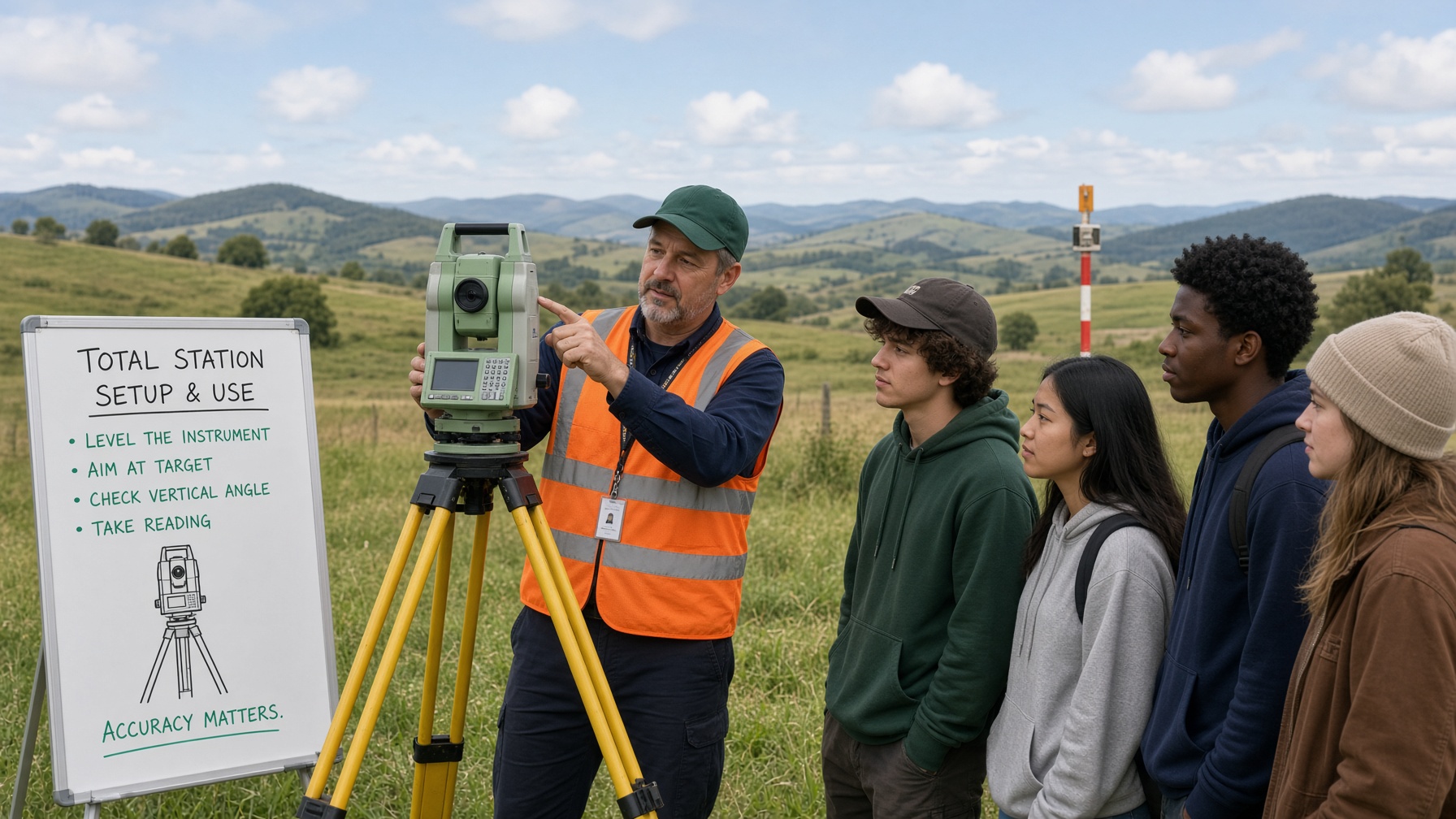 Surveyor instructs students using total station equipment outdoors.