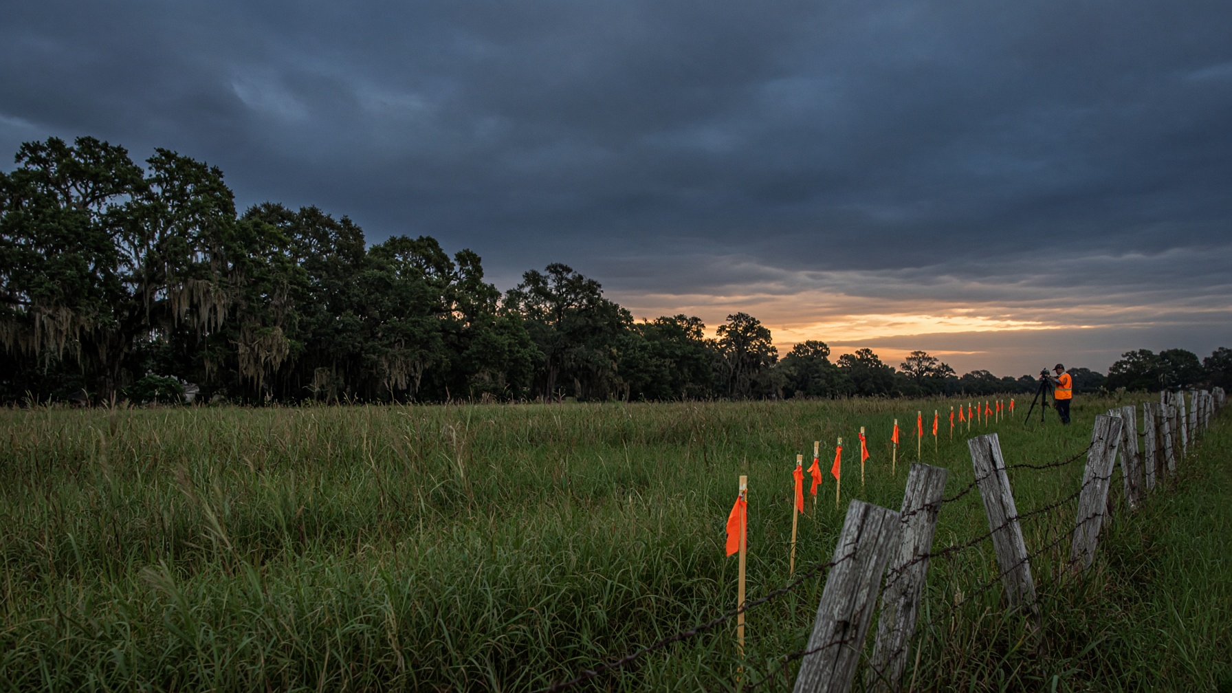 Land survey markers and fence line at sunset in Louisiana.
