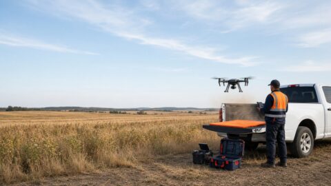Surveyor using thermal drone in open field for land surveying.