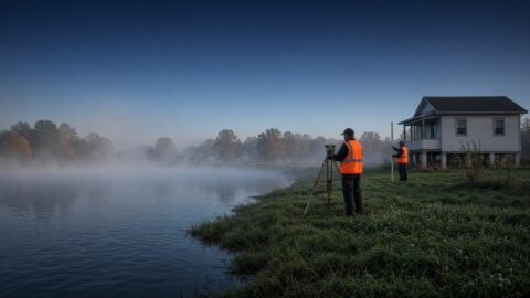 Surveyors using equipment near riverbank at sunrise for land measurement.