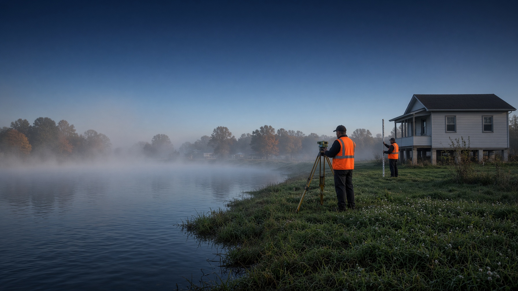 Surveyors using equipment near riverbank at sunrise for land measurement.
