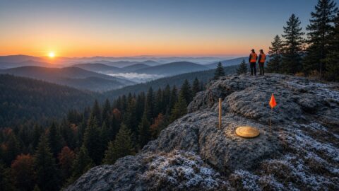 Surveyors observing sunrise from Mount Rushmore with survey equipment.