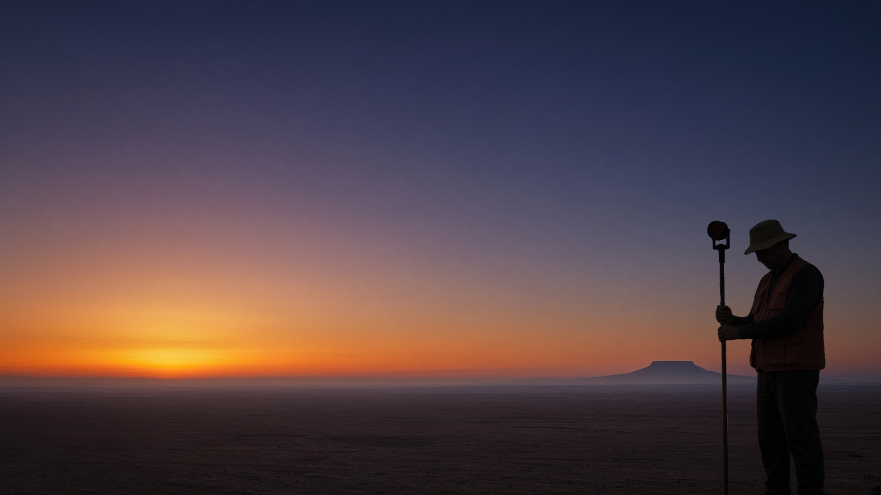Land surveyor using equipment at sunset in a desert landscape.