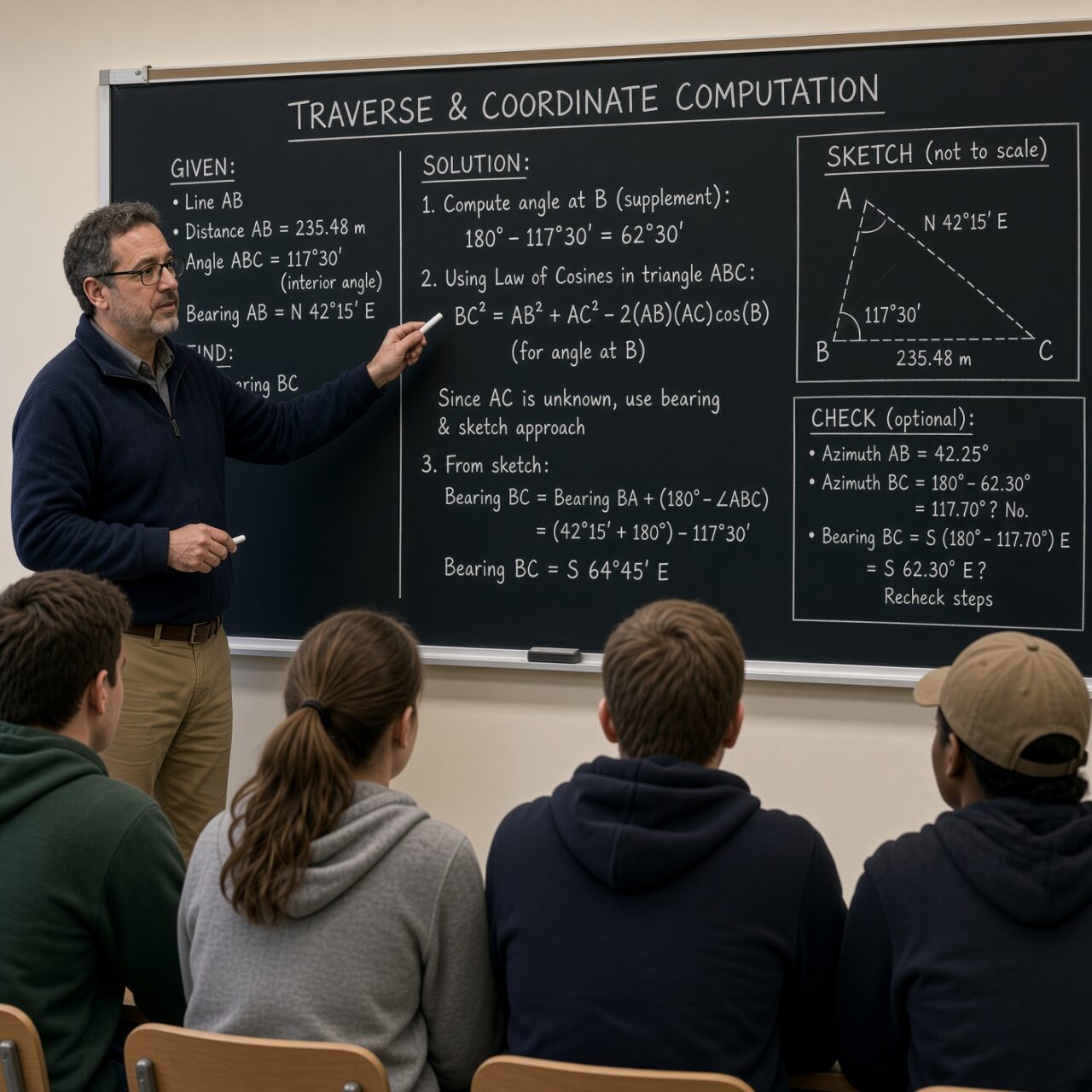 Instructor teaching land surveying and coordinate computation to students.