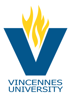 Vincennes University emblem with flame and V symbol.
