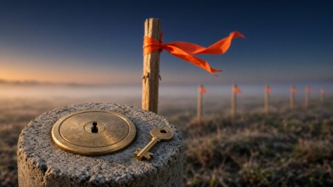 Land survey marker with lock and key in outdoor setting.