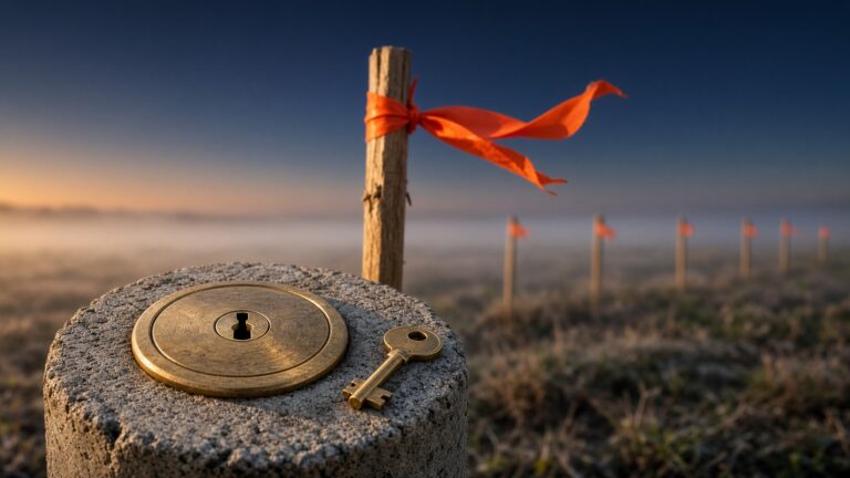 Land survey marker with lock and key in outdoor setting.