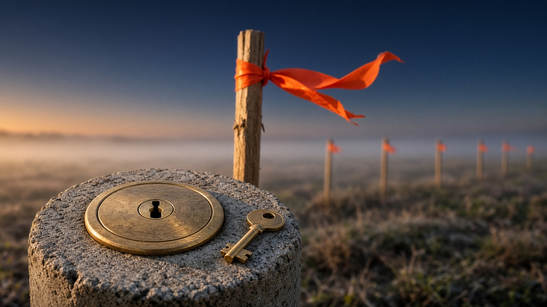 Land survey marker with lock and key in outdoor setting.
