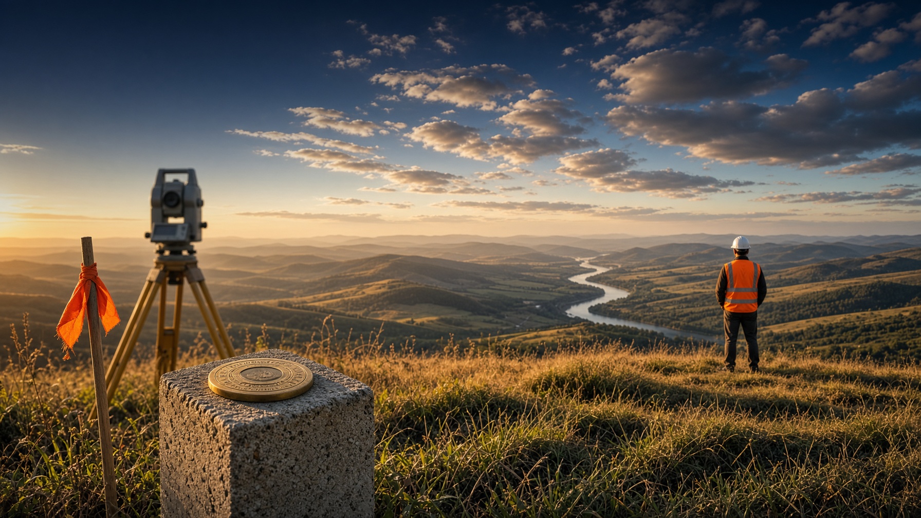 Land surveyor in safety vest and helmet surveying landscape at sunset.